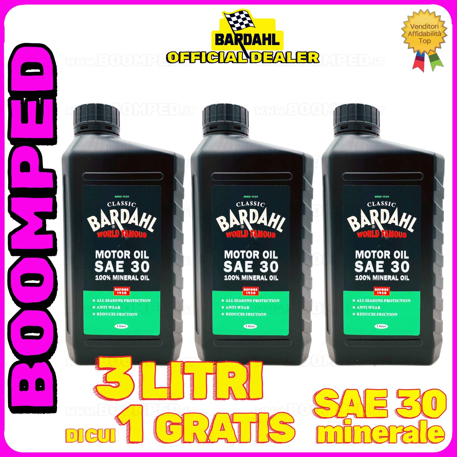 3 litri BARDAHL CLASSIC MOTOR OIL SAE 30 OLIO MOTORE auto e moto 4T 100% minerale 03BD05