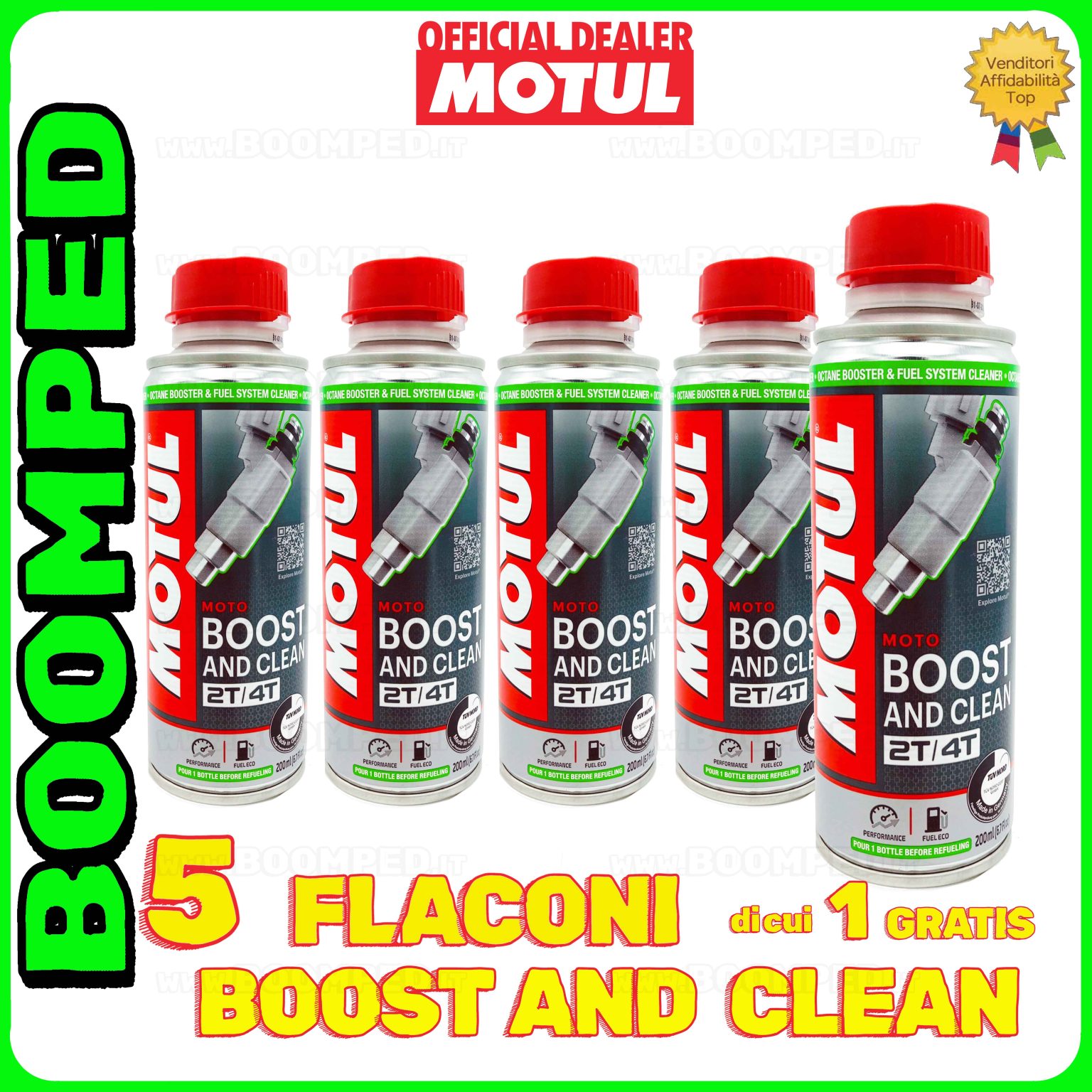 5 flaconi 200ml MOTUL BOOST & CLEAN ADDITIVO elevatore ottani benzina moto 2T 4T 05MO06