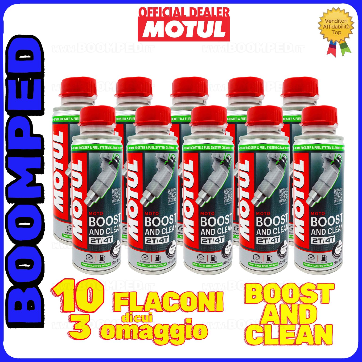 10 flaconi 200ml MOTUL BOOST & CLEAN ADDITIVO elevatore ottani benzina moto 2T 4T 10MO06