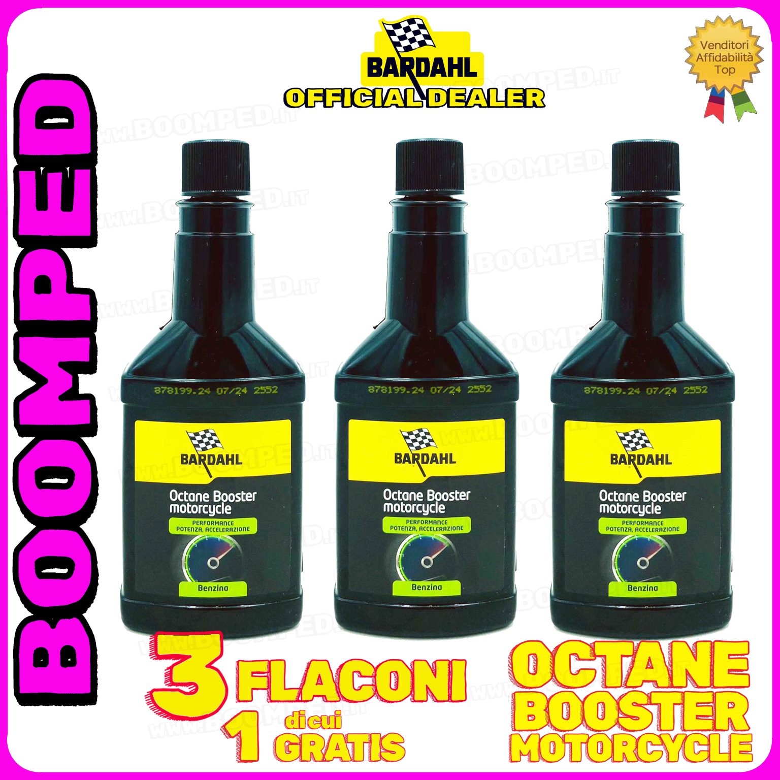 3 flaconi 150ml BARDAHL OCTANE BOOSTER MOTORCYCLE ADDITIVO elevatore ottani benzina moto 2T 4T 03BD10