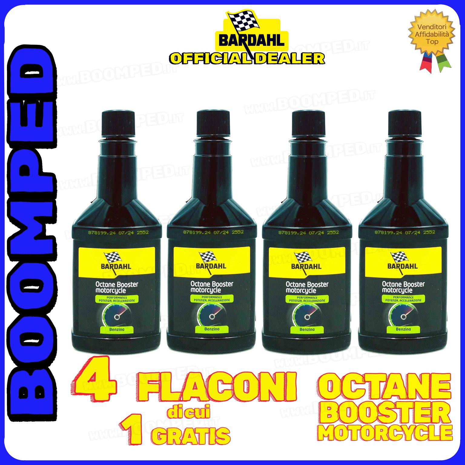 4 flaconi 150ml BARDAHL OCTANE BOOSTER MOTORCYCLE ADDITIVO elevatore ottani benzina moto 2T 4T 04BD10