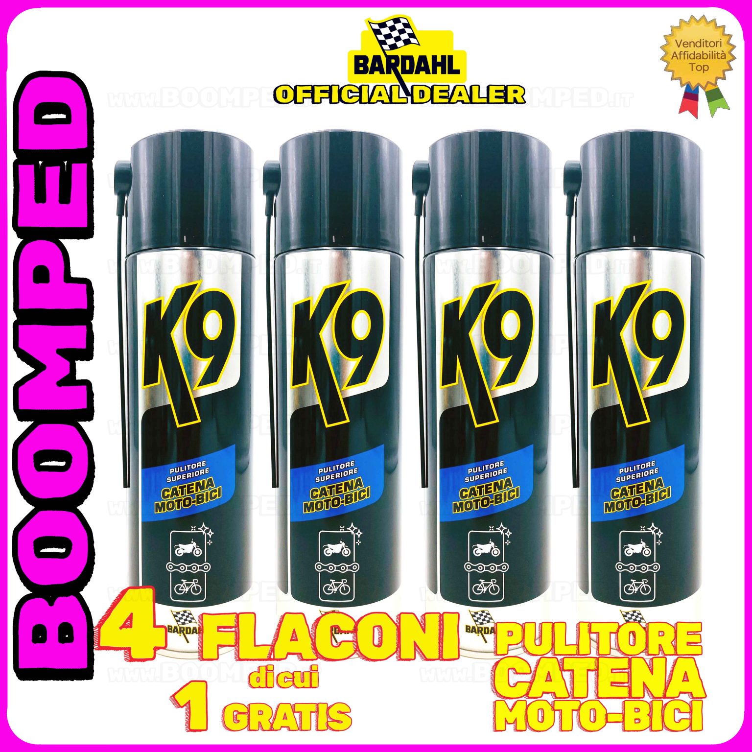 4 flaconi 500ml BARDAHL K9 PULITORE SUPERIORE CATENA MOTO BICI pulisce catena trasmissione 04BD21
