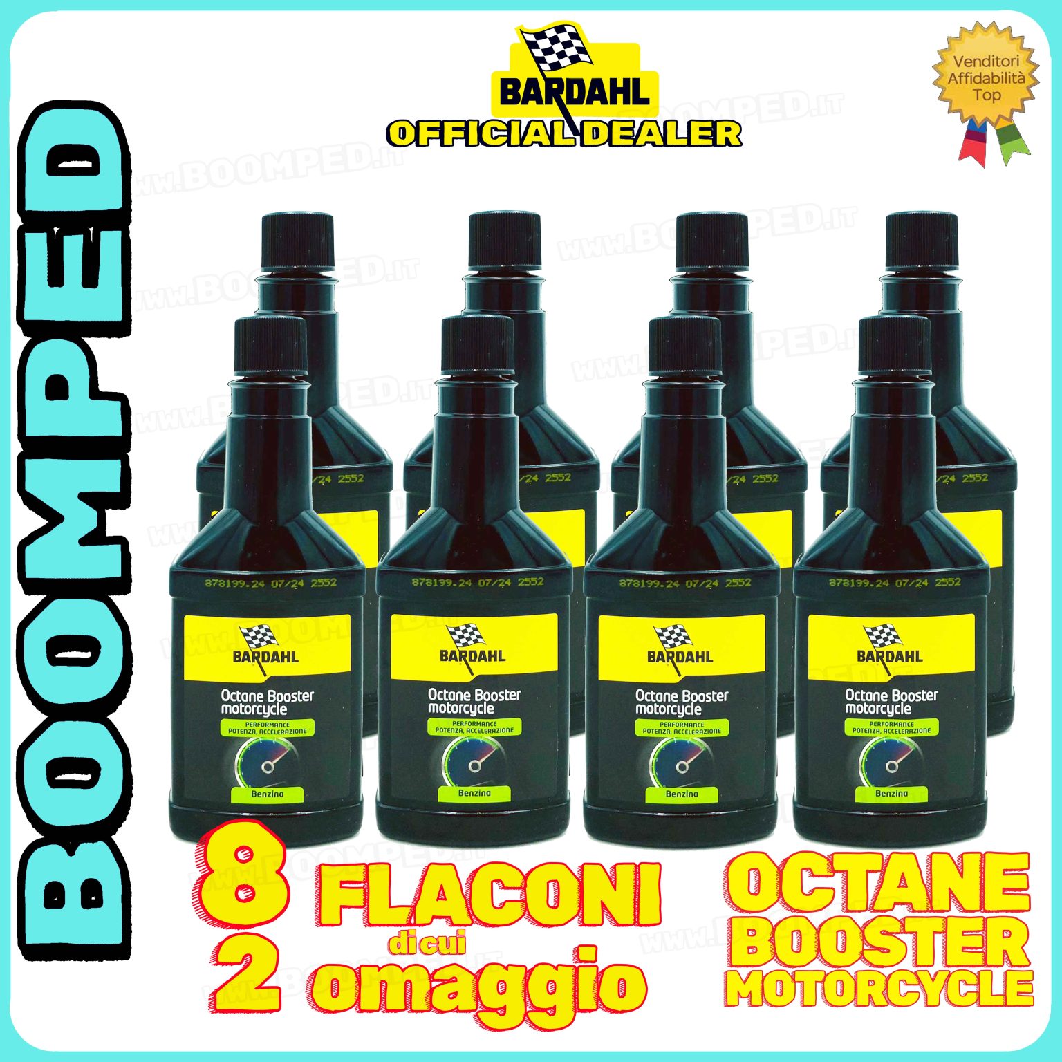 8 flaconi 150ml BARDAHL OCTANE BOOSTER MOTORCYCLE ADDITIVO elevatore ottani benzina moto 2T 4T 08BD10