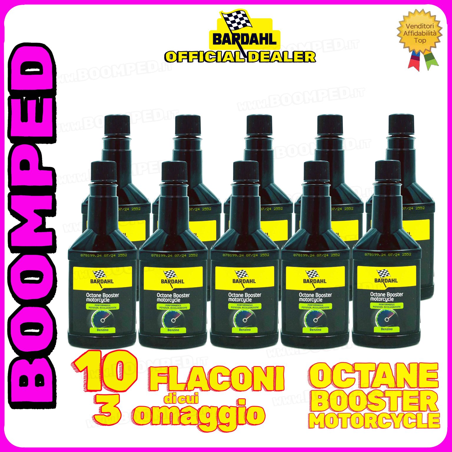 10 flaconi 150ml BARDAHL OCTANE BOOSTER MOTORCYCLE ADDITIVO elevatore ottani benzina moto 2T 4T 10BD10