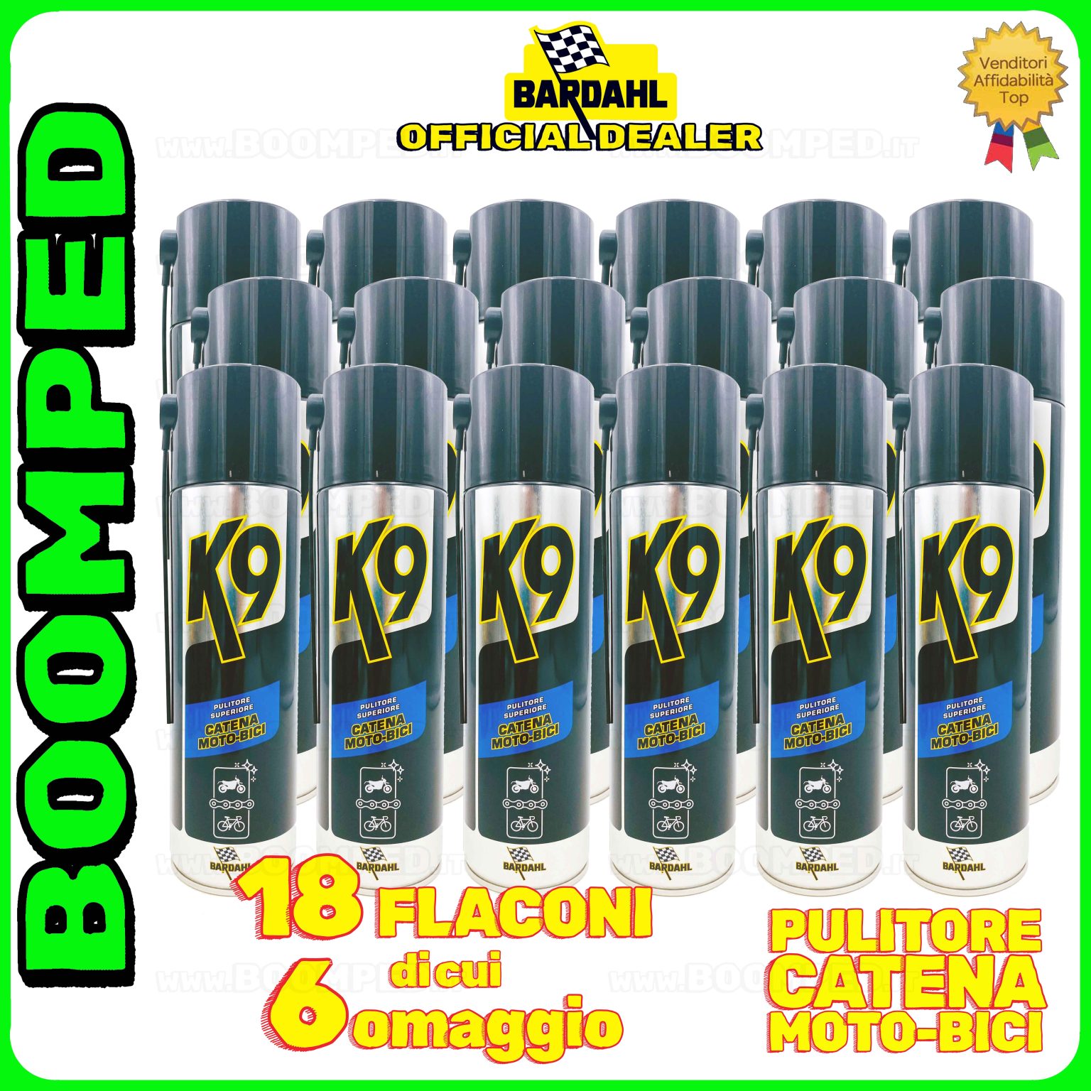 18 flaconi 500ml BARDAHL K9 PULITORE SUPERIORE CATENA MOTO BICI pulisce catena trasmissione 18BD21