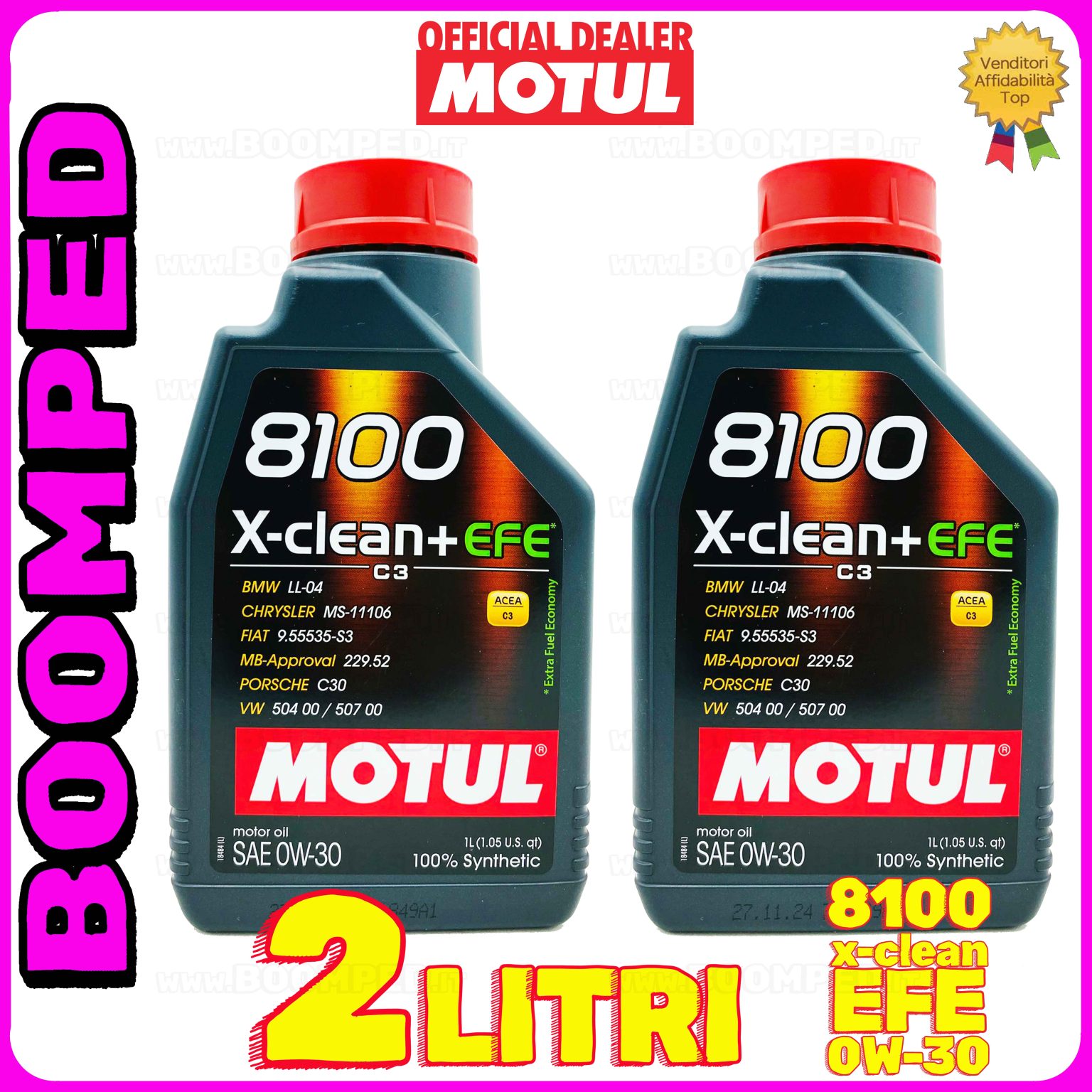 2 litri MOTUL 8100 X-CLEAN+ EFE 0W-30 OLIO MOTORE AUTO SINTETICO ACEA C3 (flacone 1 LT) 02MO34