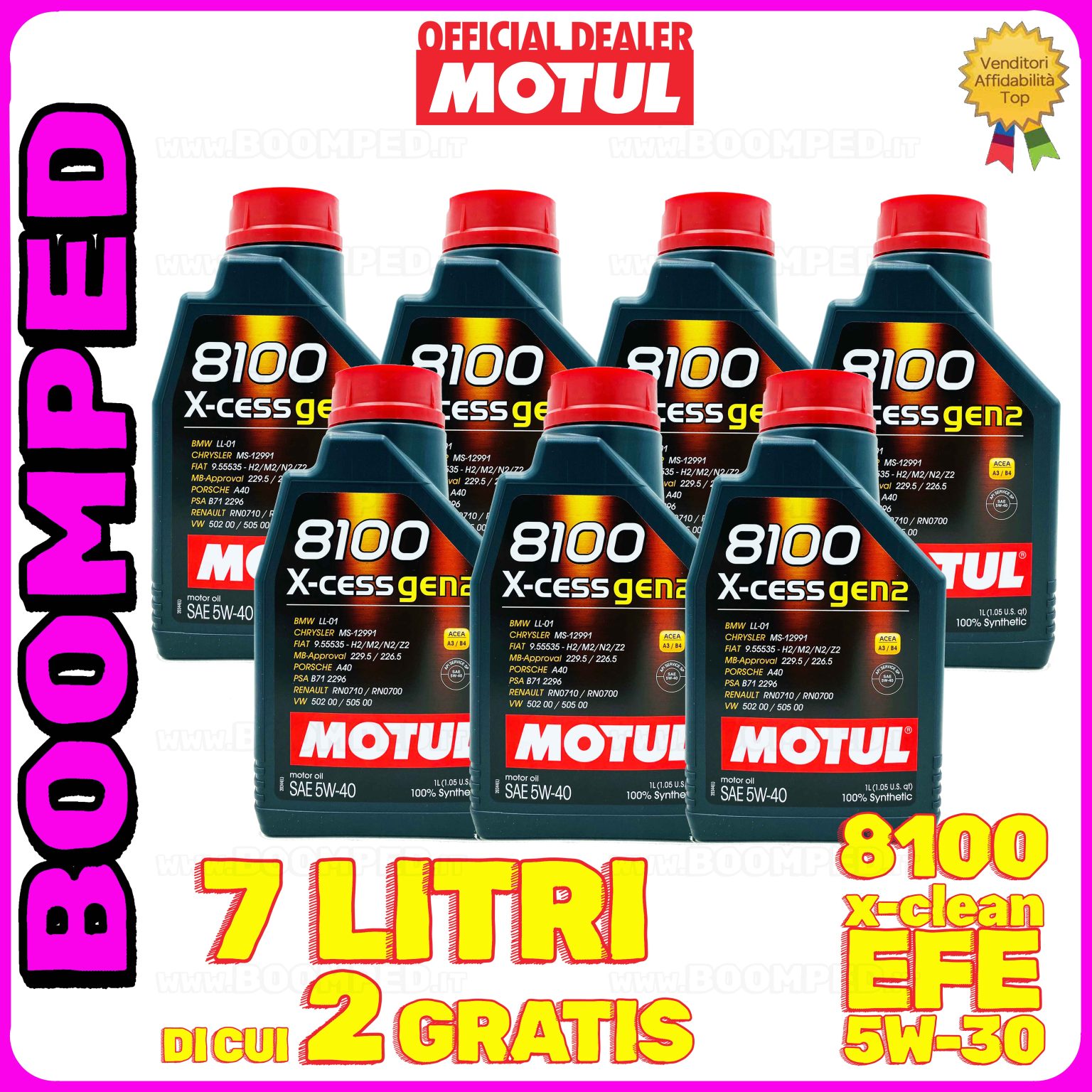 7 litri MOTUL 8100 X-cess GEN2 5W-40 OLIO MOTORE AUTO SINTETICO ACEA A3 B4 (flacone 1 LT) 07MO29