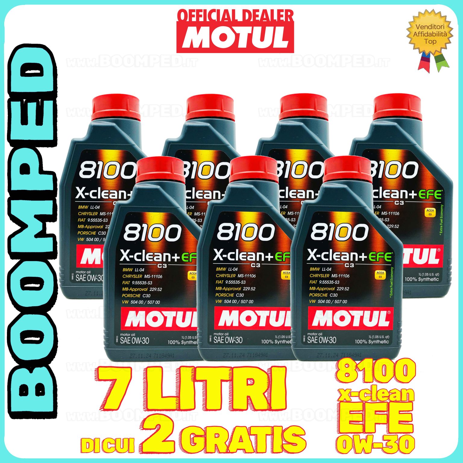 7 litri MOTUL 8100 X-CLEAN+ EFE 0W-30 OLIO MOTORE AUTO SINTETICO ACEA C3 (flacone 1 LT) 07MO34