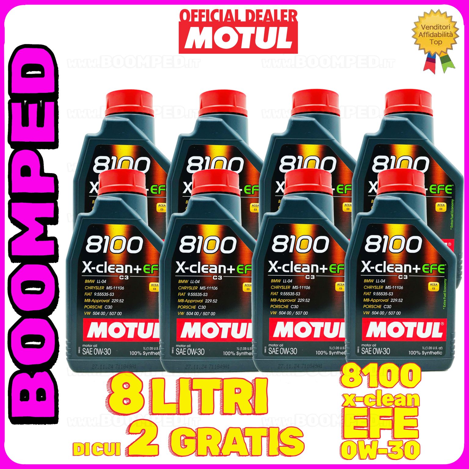 8 litri MOTUL 8100 X-CLEAN+ EFE 0W-30 OLIO MOTORE AUTO SINTETICO ACEA C3 (flacone 1 LT) 08MO34