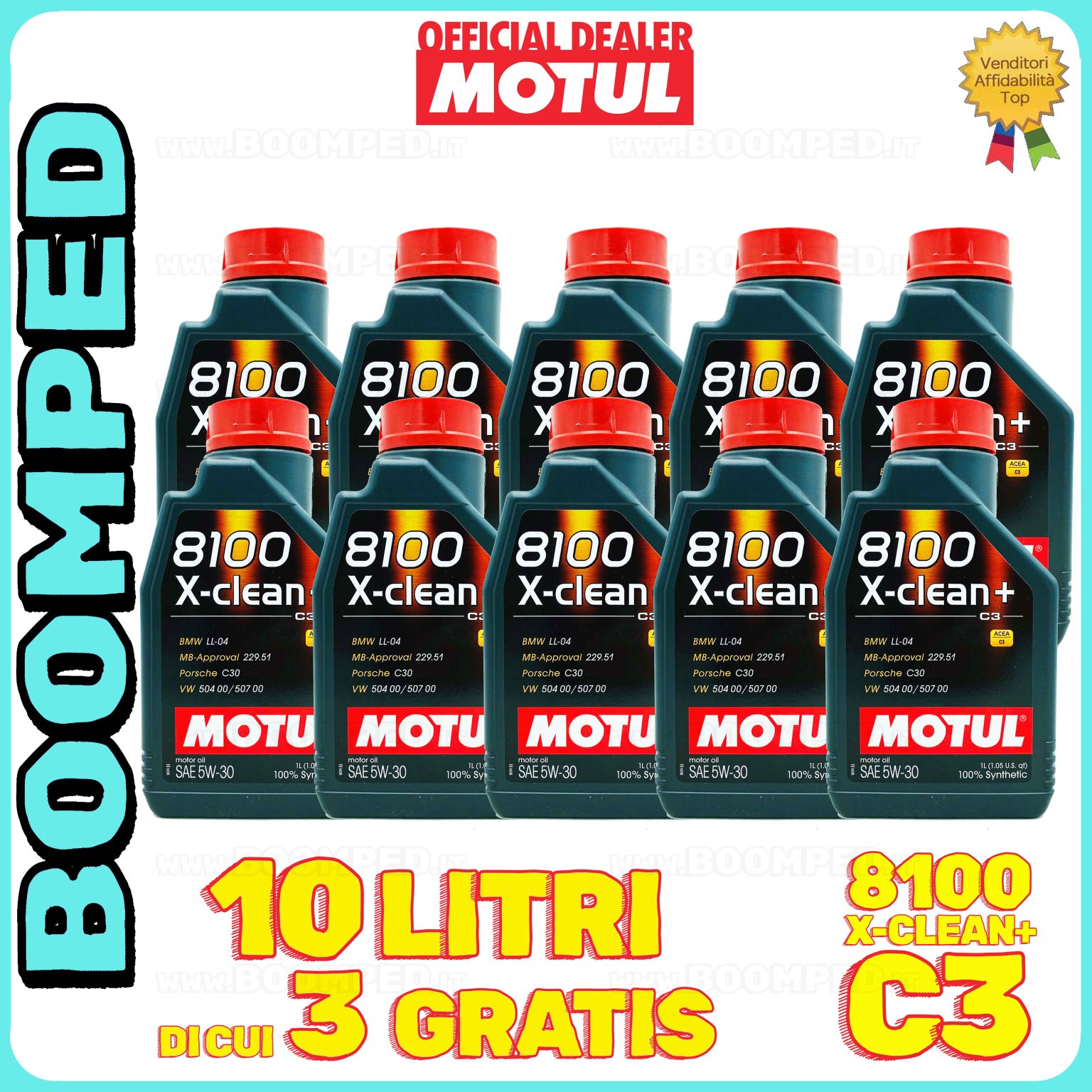 10 litri MOTUL 8100 X-CLEAN+ 5W30 OLIO MOTORE AUTO SINTETICO ACEA C3 (flacone da 1 LT) 10MO42