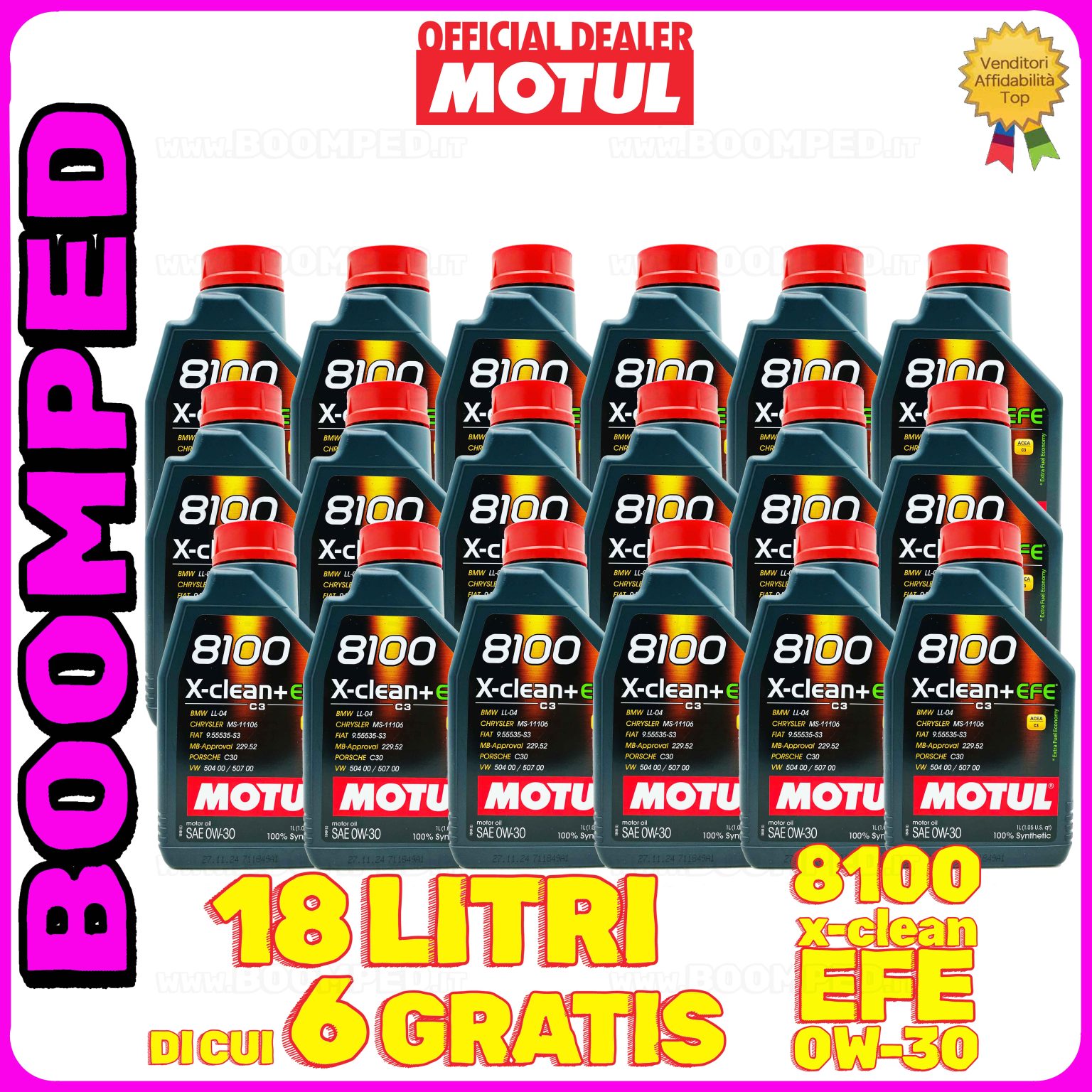 18 litri MOTUL 8100 X-CLEAN+ EFE 0W-30 OLIO MOTORE AUTO SINTETICO ACEA C3 (flacone 1 LT) 18MO34