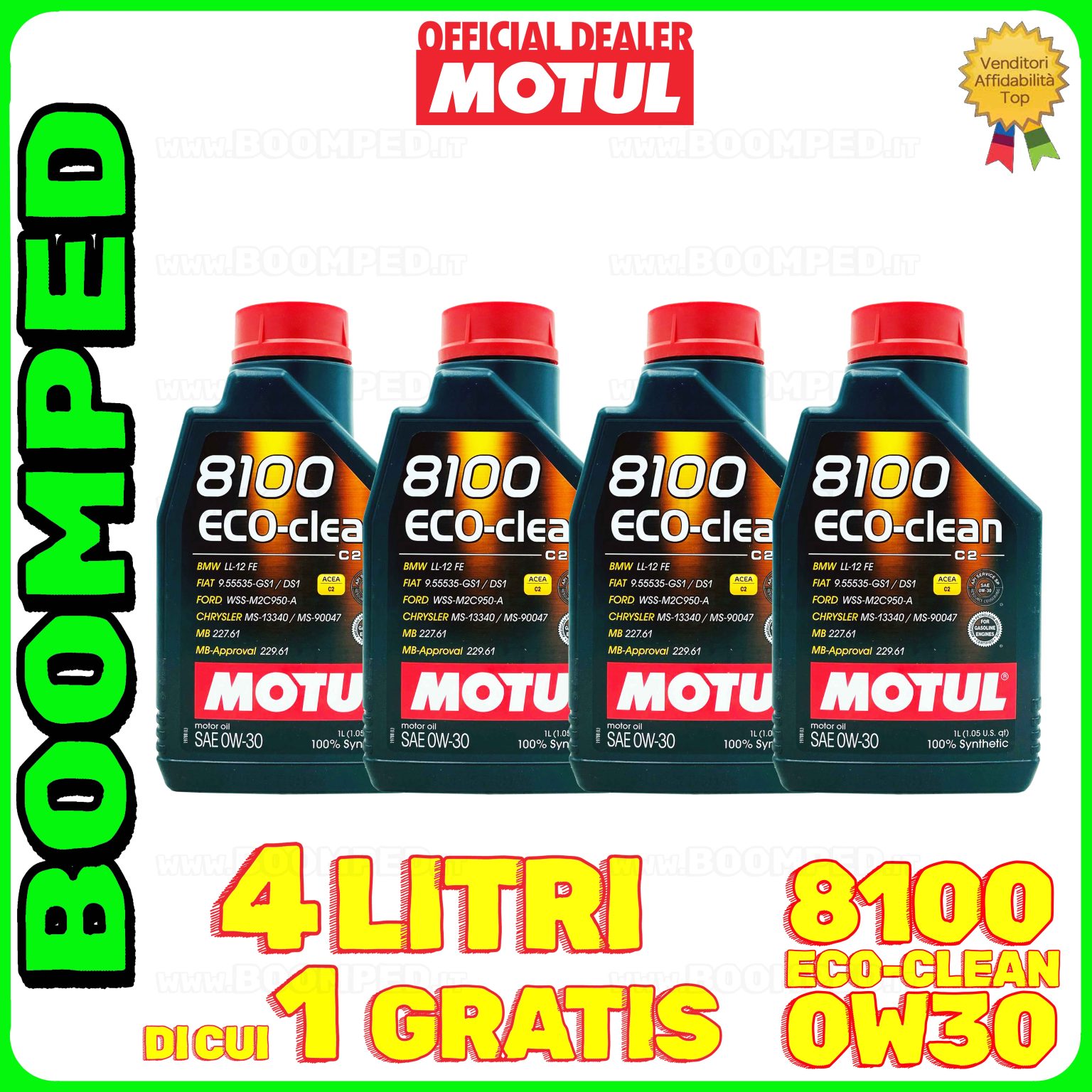 4 litri MOTUL 8100 ECO-CLEAN 0W-30 olio motore auto sintetico ACEA C2 API SP-RC 04MO54