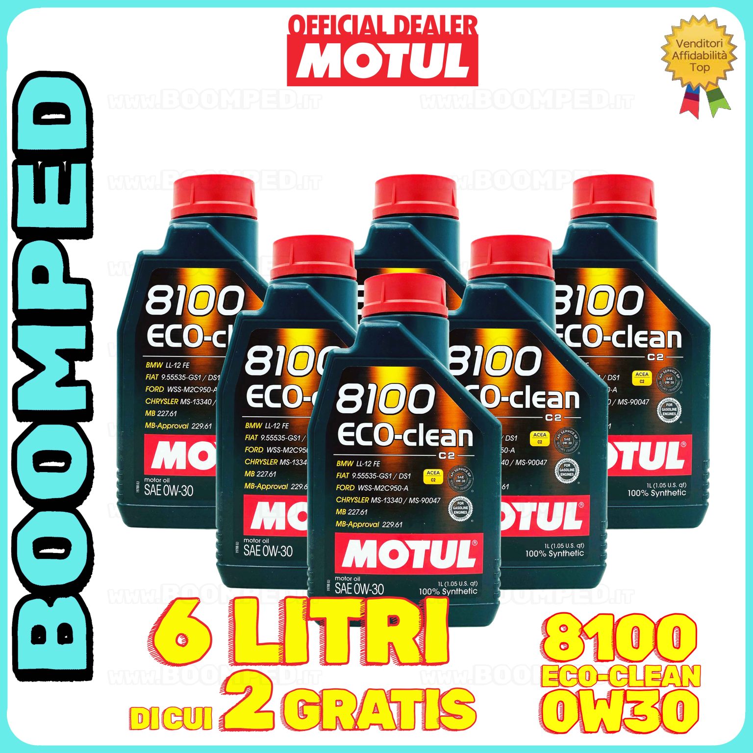 6 litri MOTUL 8100 ECO-CLEAN 0W-30 olio motore auto sintetico ACEA C2 API SP-RC 06MO54