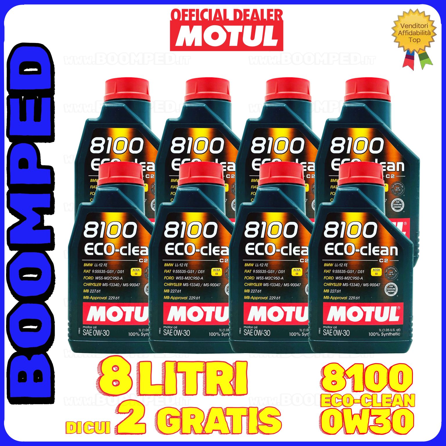 8 litri MOTUL 8100 ECO-CLEAN 0W-30 olio motore auto sintetico ACEA C2 API SP-RC 08MO54