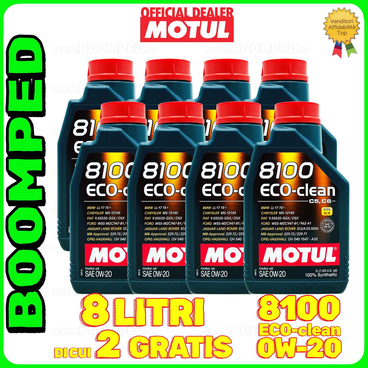 8 litri MOTUL 8100 ECO-CLEAN 0W-20 olio motore auto sintetico ACEA C5 C6 API SP 08MO56