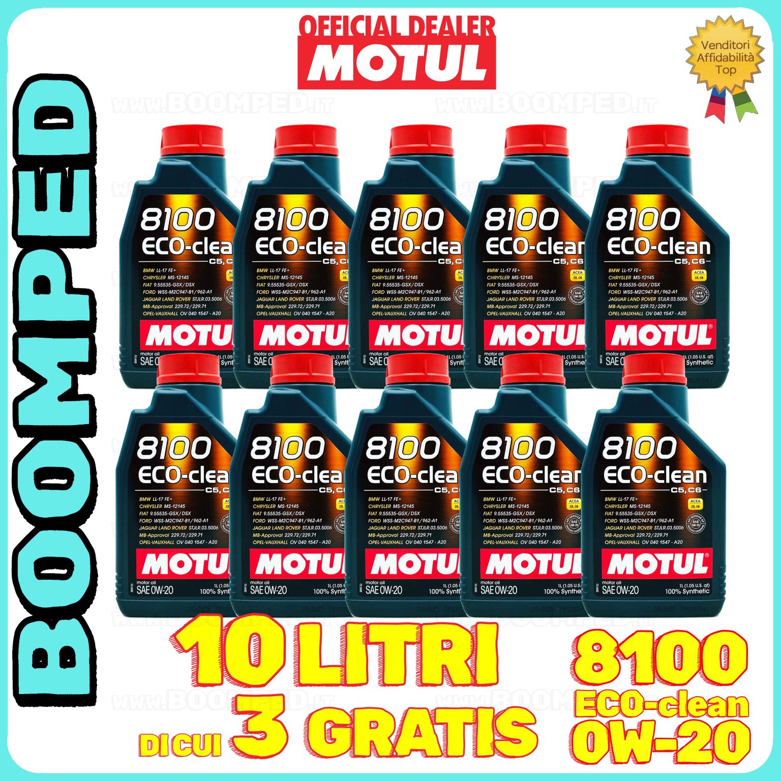 10 litri MOTUL 8100 ECO-CLEAN 0W-20 olio motore auto sintetico ACEA C5 C6 API SP 10MO56