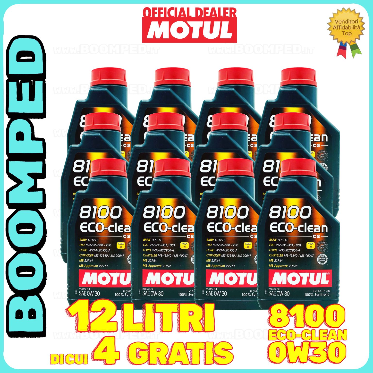 12 litri MOTUL 8100 ECO-CLEAN 0W-30 olio motore auto sintetico ACEA C2 API SP-RC 12MO54