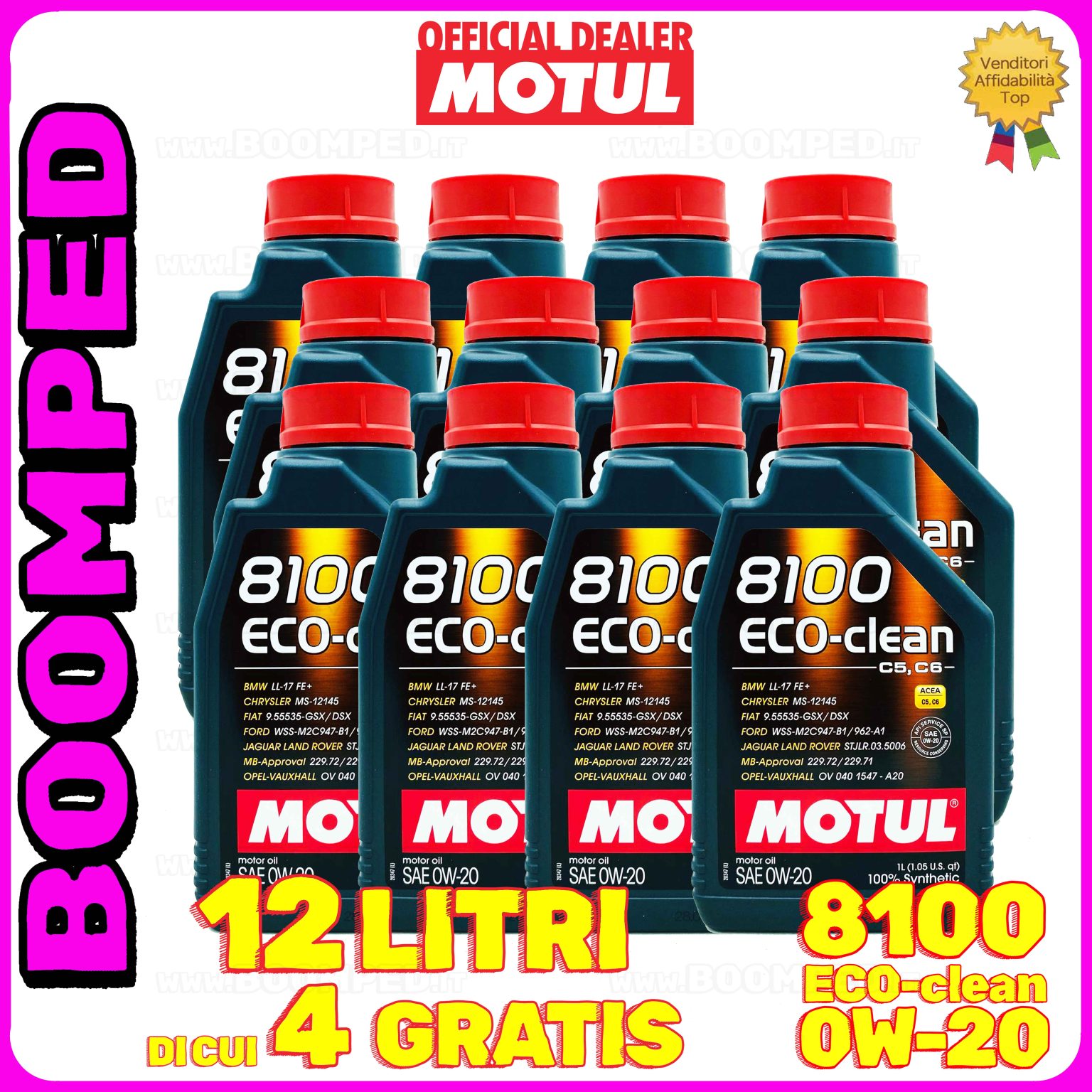 12 litri MOTUL 8100 ECO-CLEAN 0W-20 olio motore auto sintetico ACEA C5 C6 API SP 12MO56