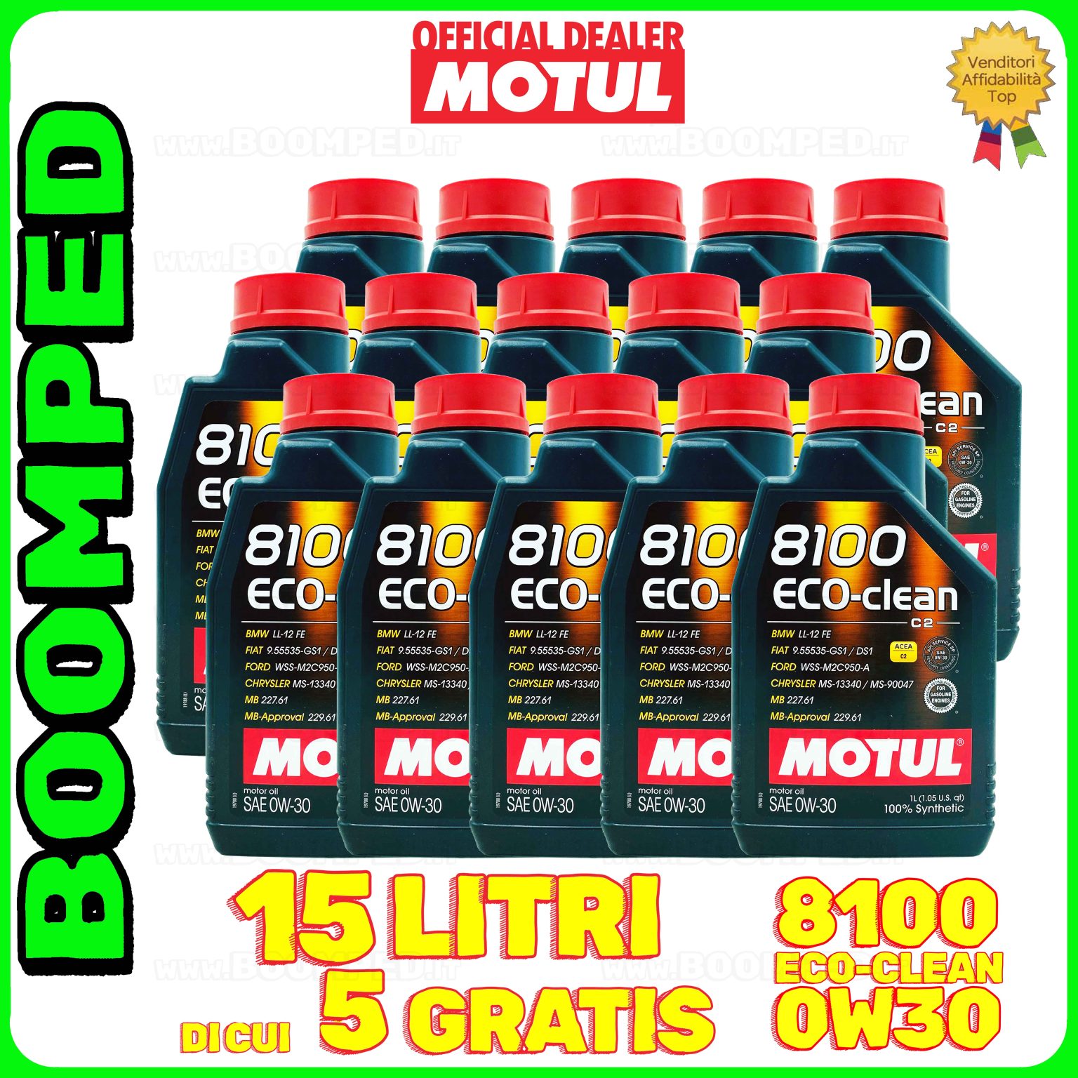 15 litri MOTUL 8100 ECO-CLEAN 0W-30 olio motore auto sintetico ACEA C2 API SP-RC 15MO54