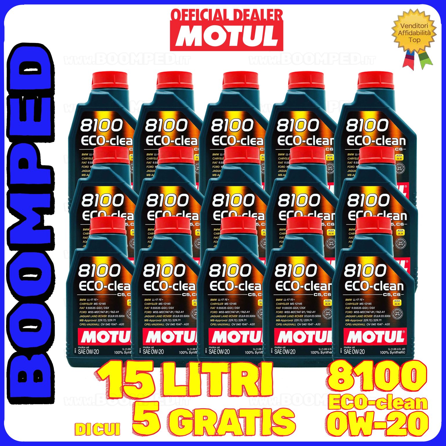 15 litri MOTUL 8100 ECO-CLEAN 0W-20 olio motore auto sintetico ACEA C5 C6 API SP 15MO56