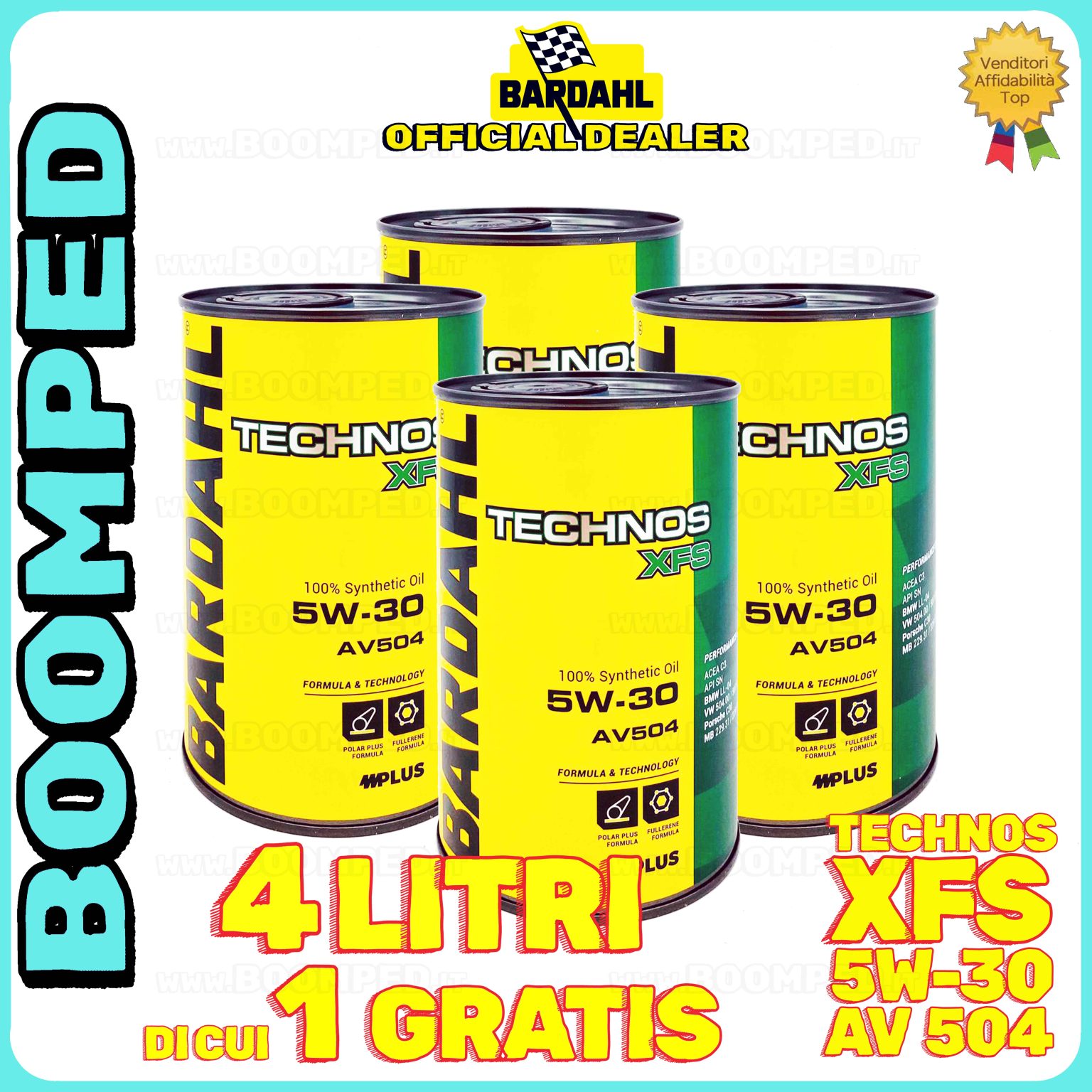 4 litri BARDAHL TECHNOS XFS AV504 5W-30 OLIO MOTORE SINTETICO C3 SN (latta 1 LT) 04BD29