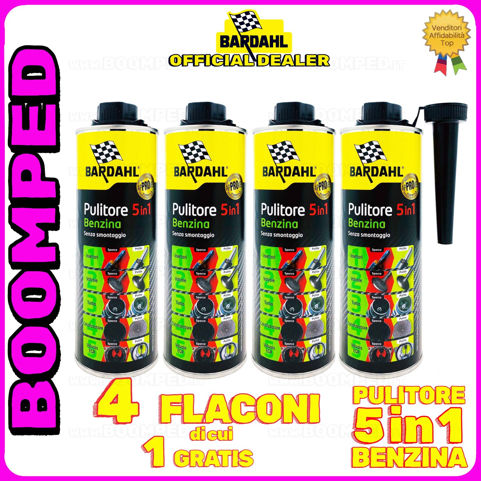 4 flaconi 500ml BARDAHL PULITORE 5 IN 1 BENZINA additivo multifunzionale auto diesel 04BD42
