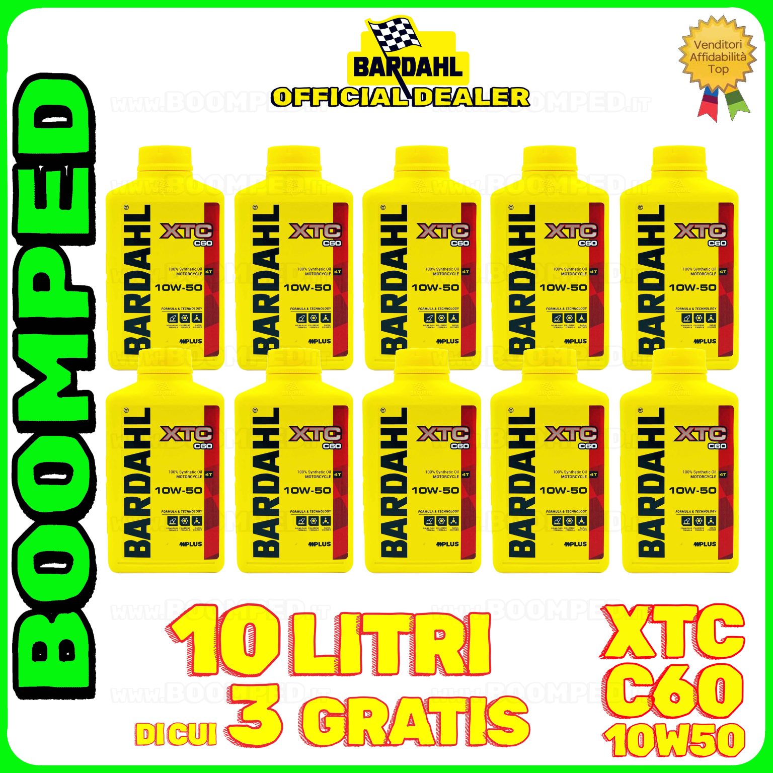 10 litri BARDAHL XTC C60 10W-50 olio motore moto sintetico API SN / JASO MA-MA2 10BD37