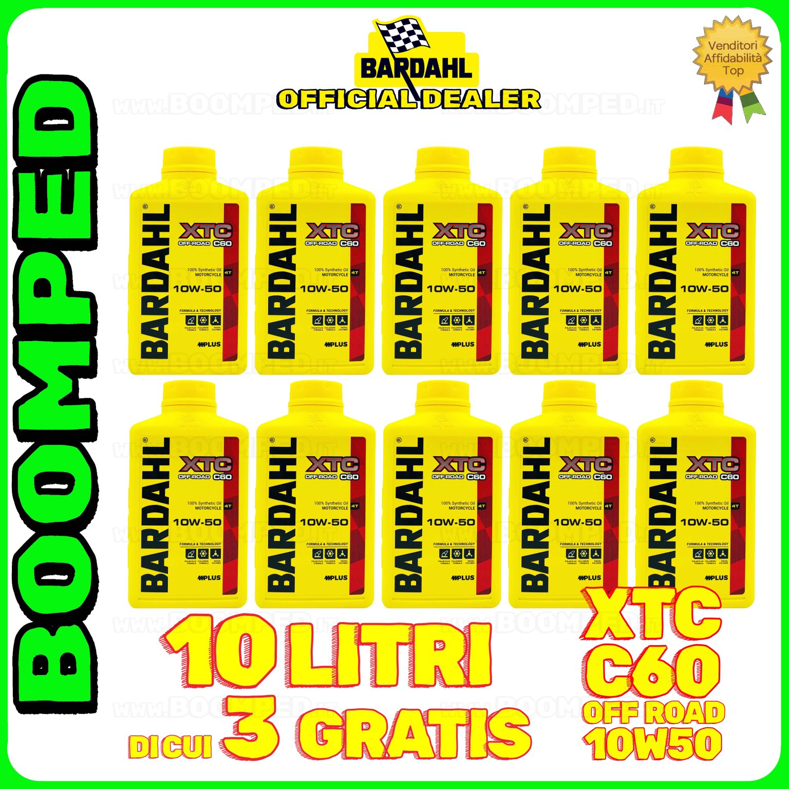 10 litri BARDAHL XTC C60 OFF ROAD 10W-50 olio motore moto sintetico API SN / JASO MA-MA2 10BD61